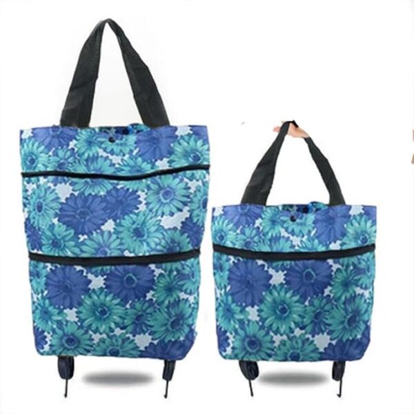 Reusable Grocery Bags with Waterproof Coating and folding wheels - Foldable Tote Bags for Shopping, Multi-Purpose Storage for Groceries(Blue Flower)