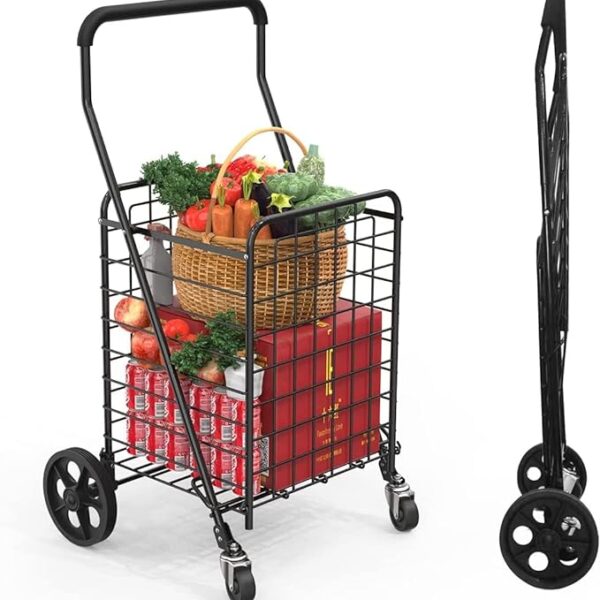Grocery Shopping Cart with 360° Rolling Swivel Wheels Utility Cart Easily Collapsible Cart 66lb Extended Foam Cover, Trolley for Laundry,Groceries,Travel Black (Medium)