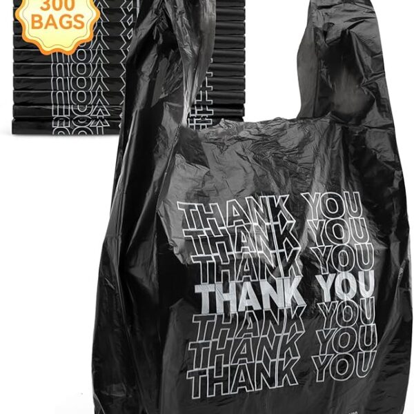 300 Count Thank You Plastic Bags, 12" x 6" x 22", 15 Mic Black Grocery Bags with Handles, Ideal for Restaurants, Retail, Grocery Stores, Takeout, Convenience Stores