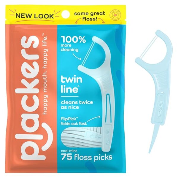 Plackers Twin-Line Dental Flossers, Cool Mint Flavor, Dual Action Flossing System, Easy Storage, Super Tuffloss, 2X The Clean, 75 Count