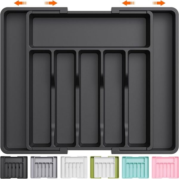 Lifewit Silverware Drawer Organizer, Expandable Utensil Tray for Kitchen, BPA Free Flatware and Cutlery Holder, Adjustable Plastic Storage for Spoons Forks Knives, Large, Black