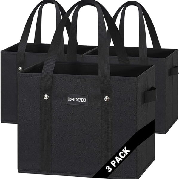 Reusable Grocery Bags - Heavy Duty Reusable Shopping Bags with Hard Bottom & Long Handles, Foldable Large Tote Bags with Box Shape to Stand Up - for Kitchen, Picnic, 3 Pack, Black
