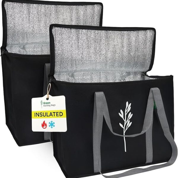 Green Bulldog 2Pack Insulated Grocery Bags – Foldable Reusable Cooler Bags with Handles for Everyday Use, Groceries, Food Delivery, and Shopping – 16”x9”x13”, Black
