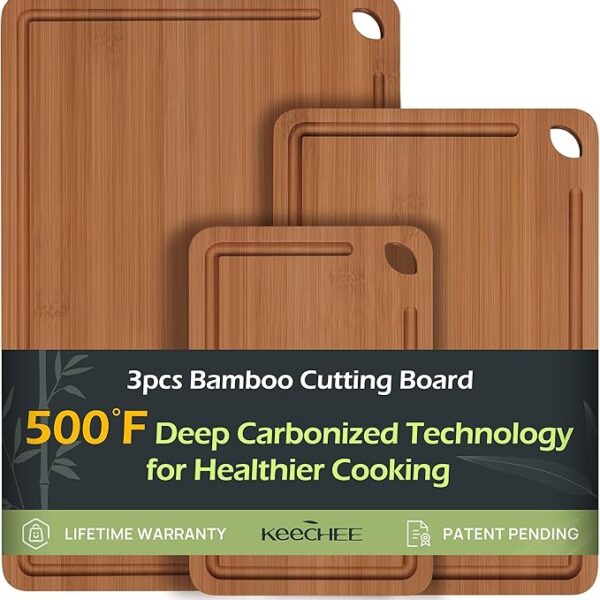 Bamboo Cutting Board, Durable Wood Cutting Boards for Kitchen with Deep Juice Grooves & Built-in Handles, Ideal Charcuterie & Chopping for Meat, Vegetables and Fruits Ideas Kitchen Gift for Home Cooks