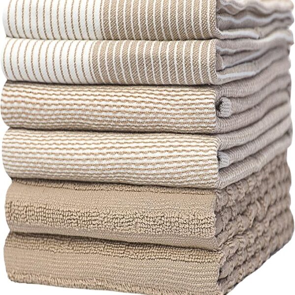 Premium Kitchen Towels (20”x 28”, 6 Pack) | Large Cotton Kitchen Hand Towels | Flat & Terry Dish Towel | Highly Absorbent Tea Towels Set with Hanging Loop | Tan